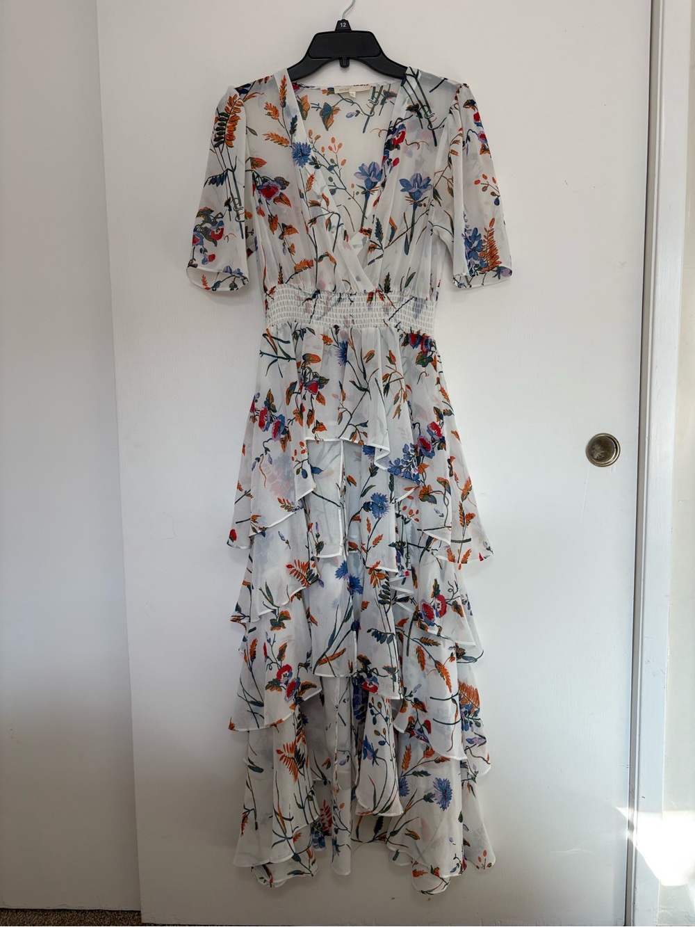 Maje White High-Low Floral Ruffle Dress with Blue & Orange Print spring/summer - Picture 2 of 10